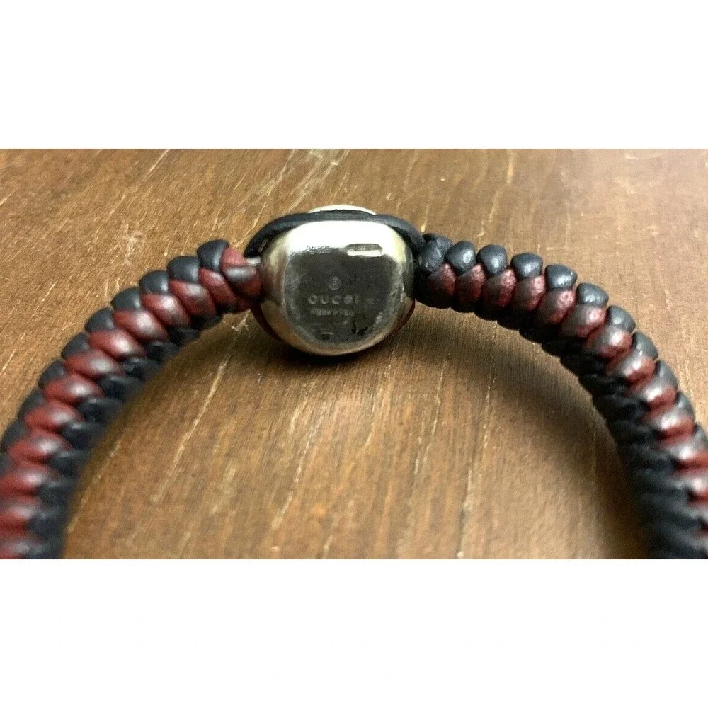 Gucci Bracelet Mens Braided Leather Vintage Sterling Silver Red Blue Crest FLAW